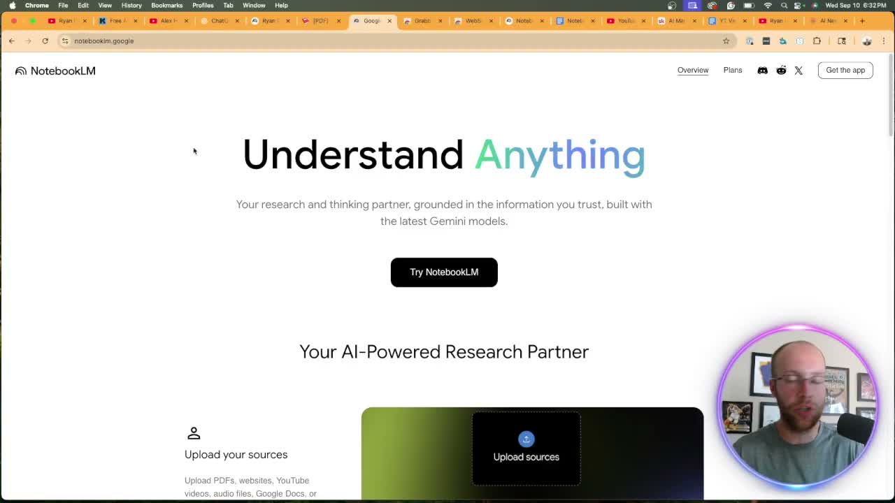 clone youtube channel with ai NotebookLM homepage showing upload sources interface
