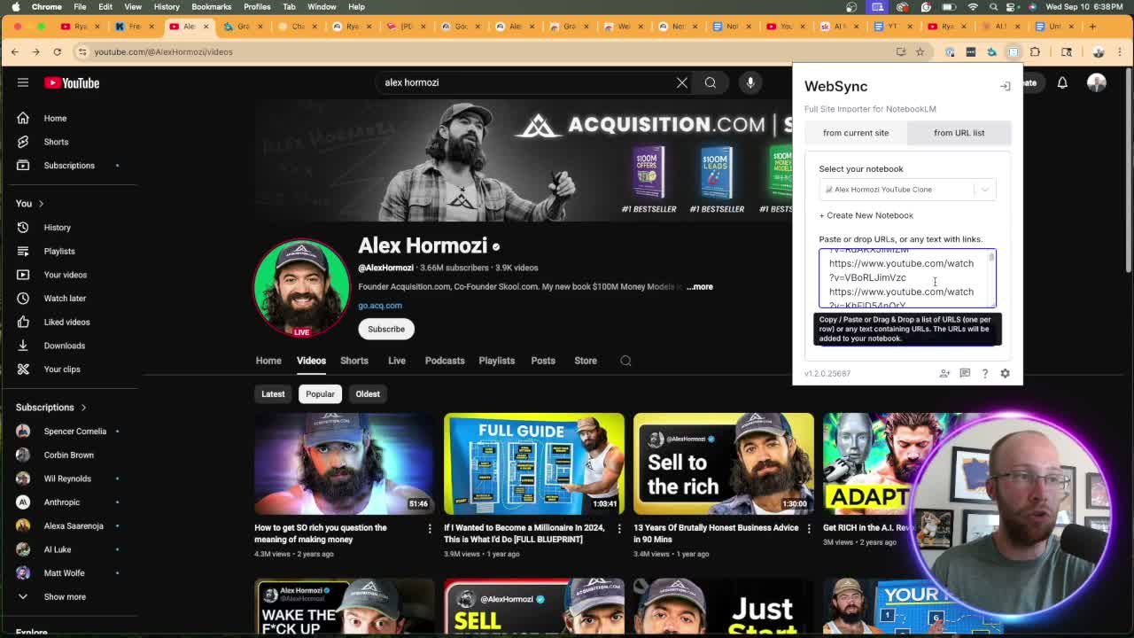 clone youtube channel with ai WebSync extension open on Alex Hormozi YouTube channel with URLs pasted for import