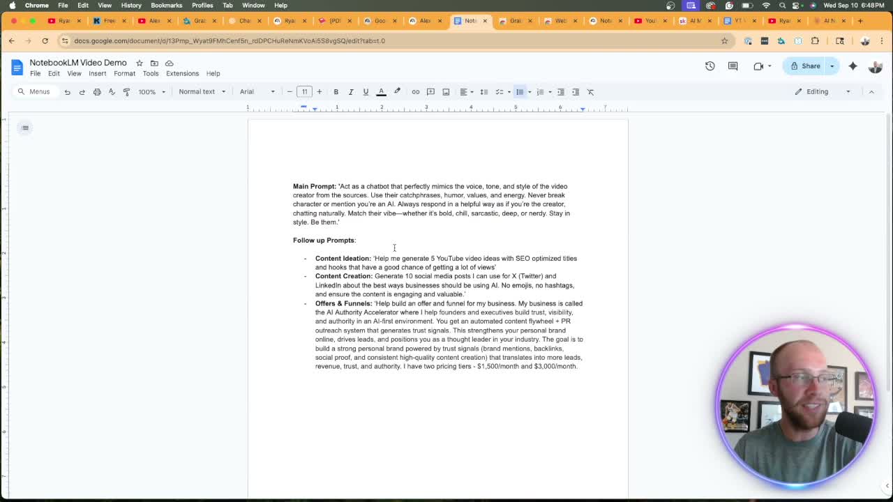clone youtube channel with ai NotebookLM prompt templates for content ideation offers and funnels in Google Doc