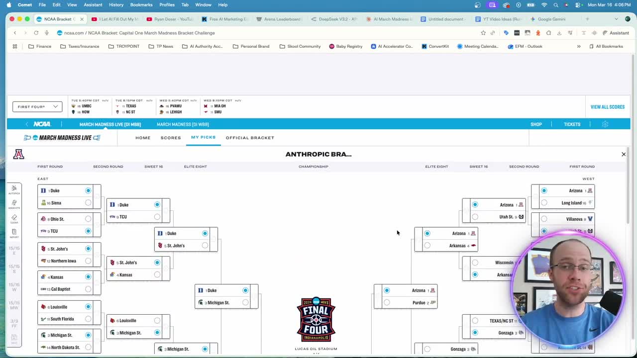 AI March Madness bracket filled out by Claude Opus on NCAA.com showing Arizona winning