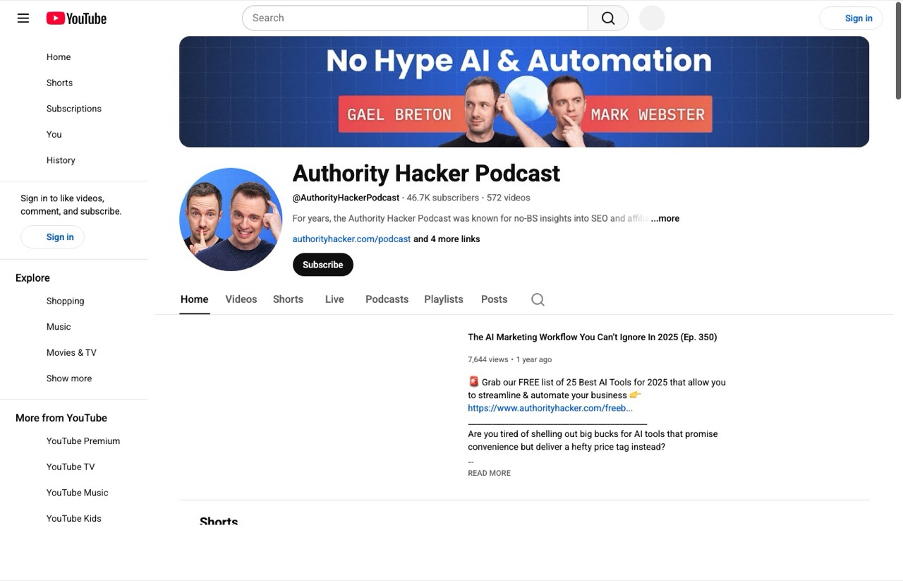 Authority Hacker YouTube channel page with SEO and AI marketing podcast content