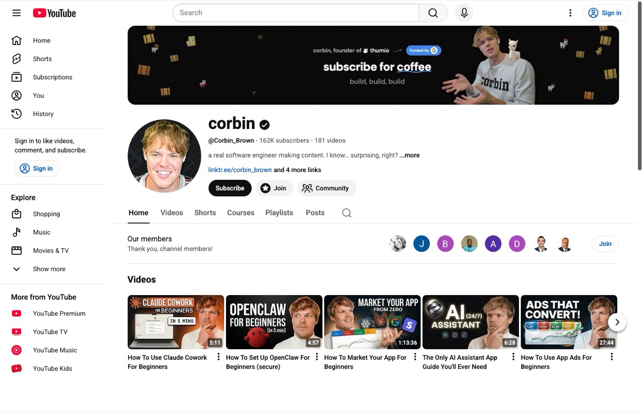 Corbin Brown AI YouTube channel page with AI coding and automation tutorials