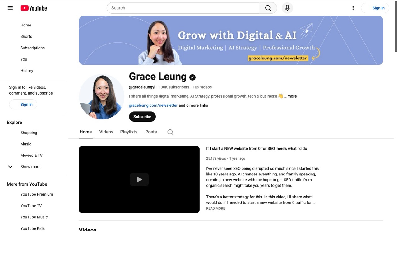 Grace Leung AI YouTube channel page with digital marketing and AI tutorials