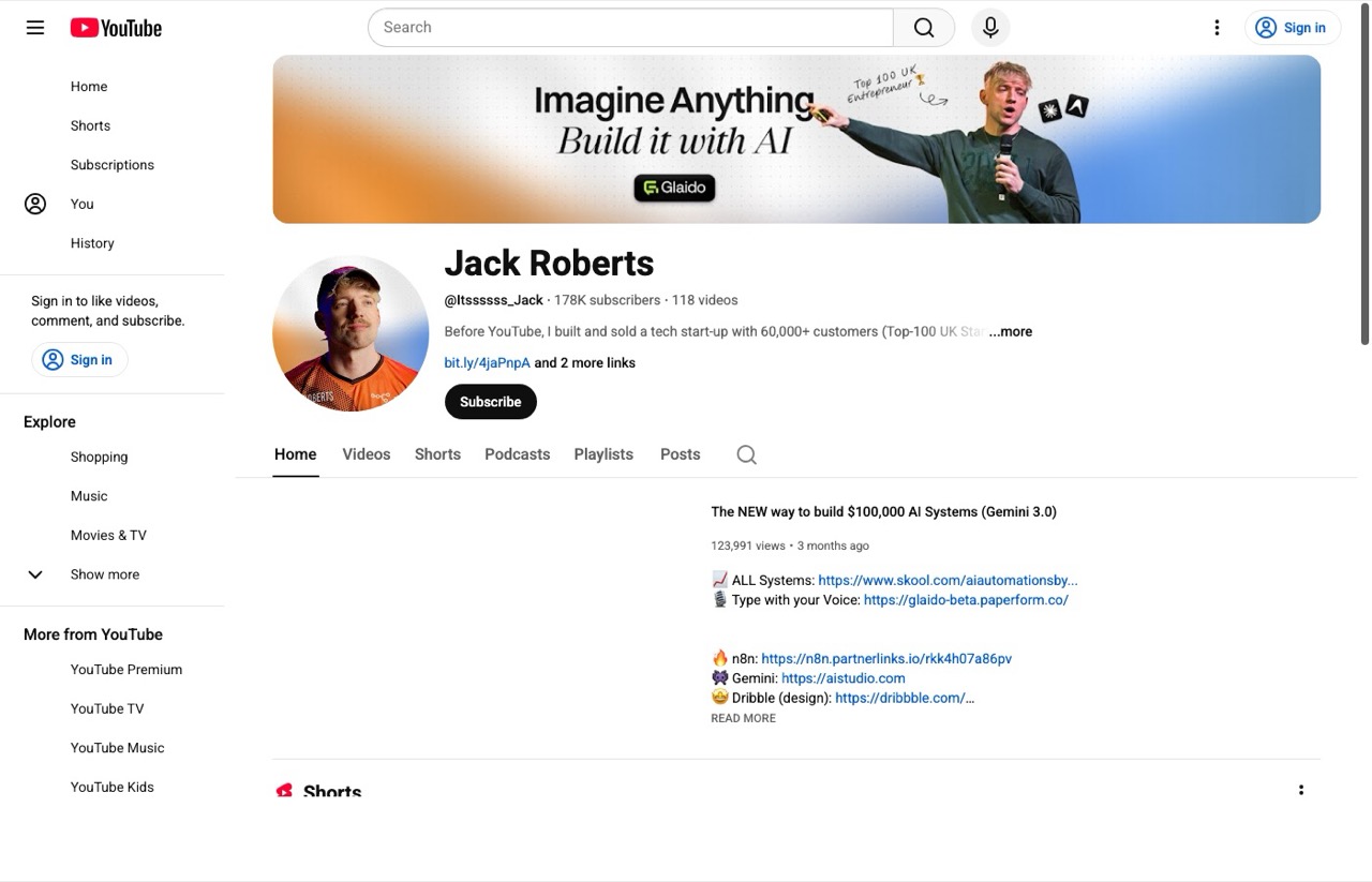 Jack Roberts AI YouTube channel page showing AI automation business tutorials