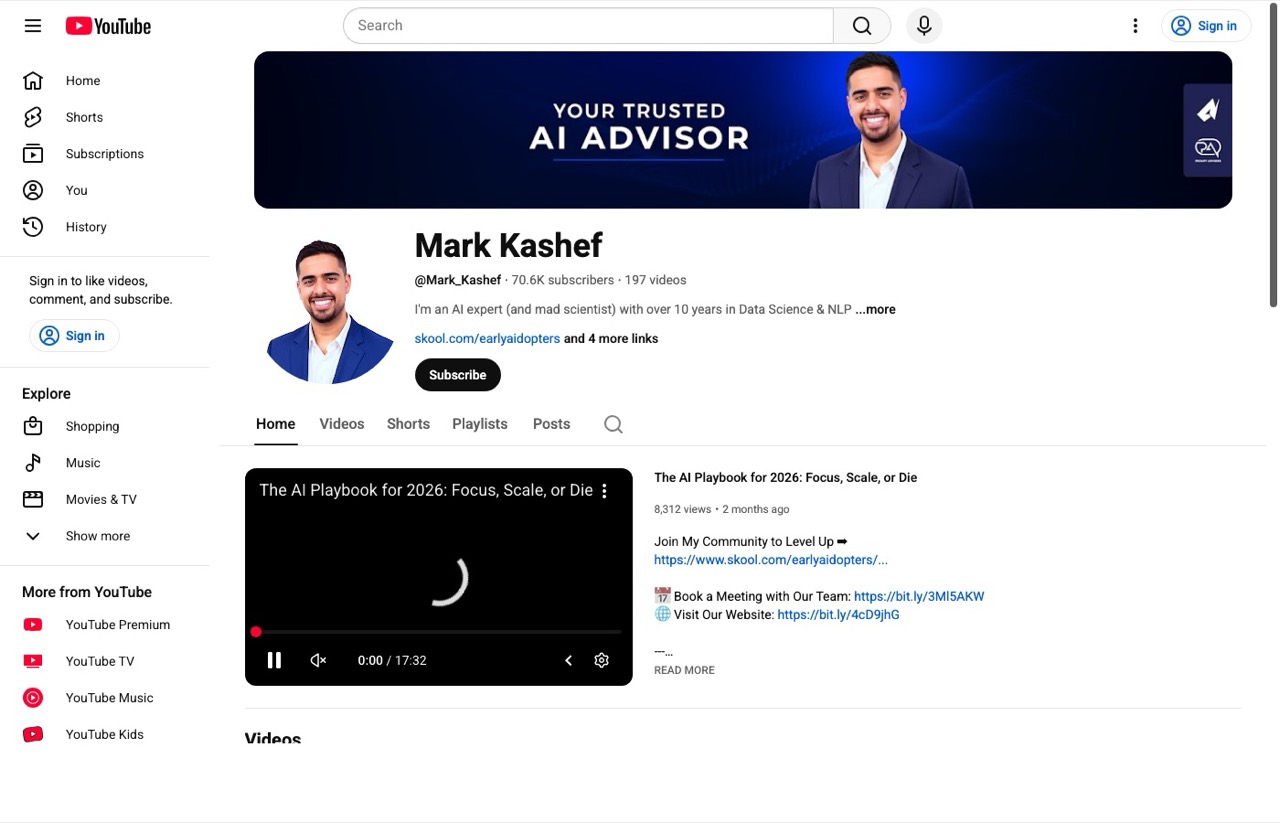 Mark Kashef AI YouTube channel page featuring AI agents and automation content