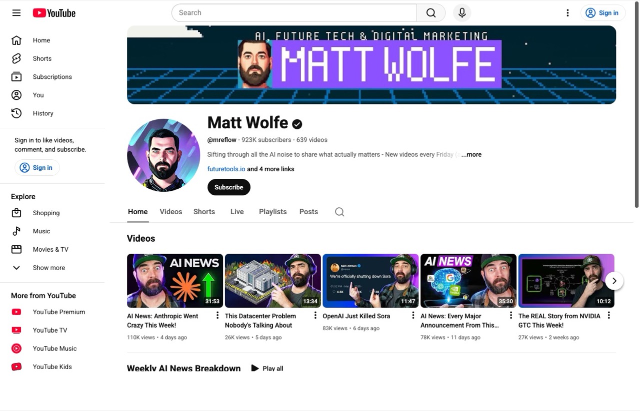 Matt Wolfe AI YouTube channel page featuring AI news and tool reviews