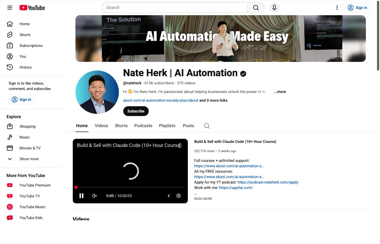 Nate Herk AI YouTube channel page with AI automation and n8n workflow content