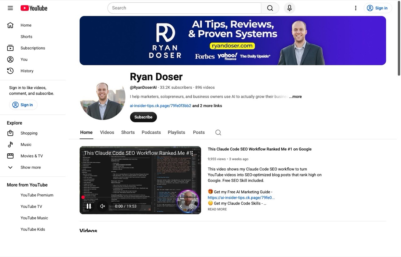 Ryan Doser AI YouTube channel page showing AI tips reviews and proven systems