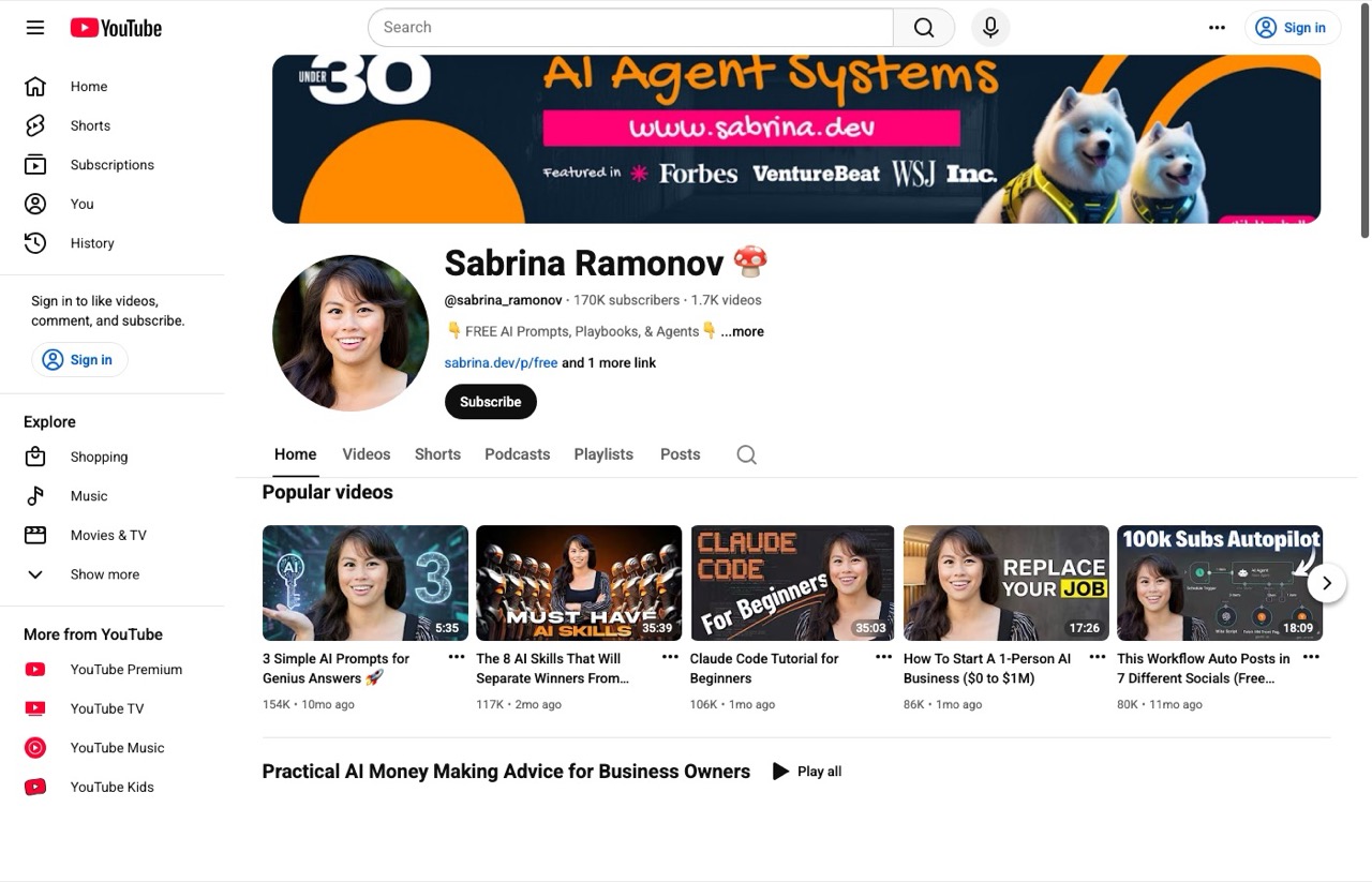 Sabrina Ramonov AI YouTube channel page showing 347K subscribers and AI tutorials