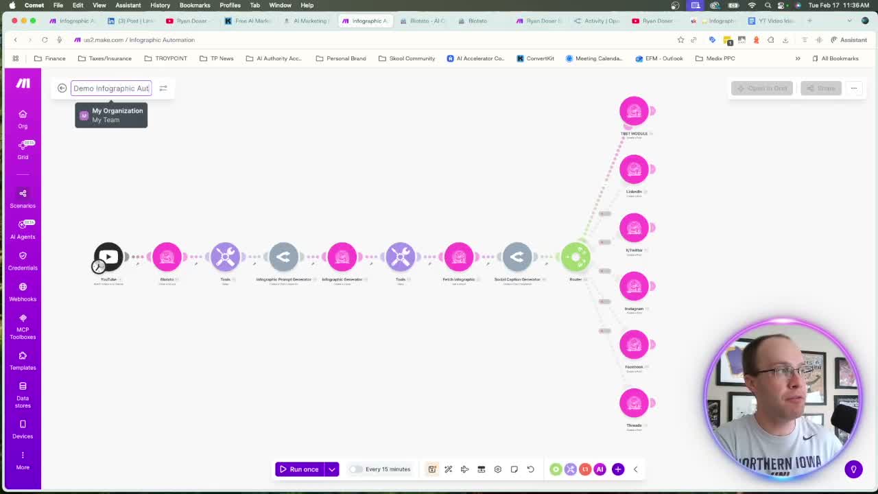 Automate infographics Make.com scenario showing full 8-module workflow from YouTube trigger to social posting