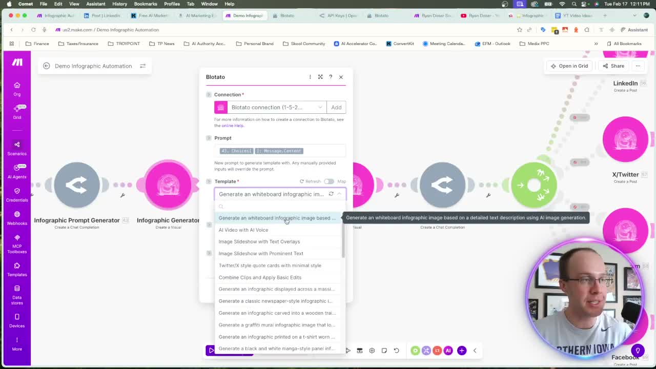 Automate infographics Blotato template selection dropdown inside Make.com showing whiteboard and other templates