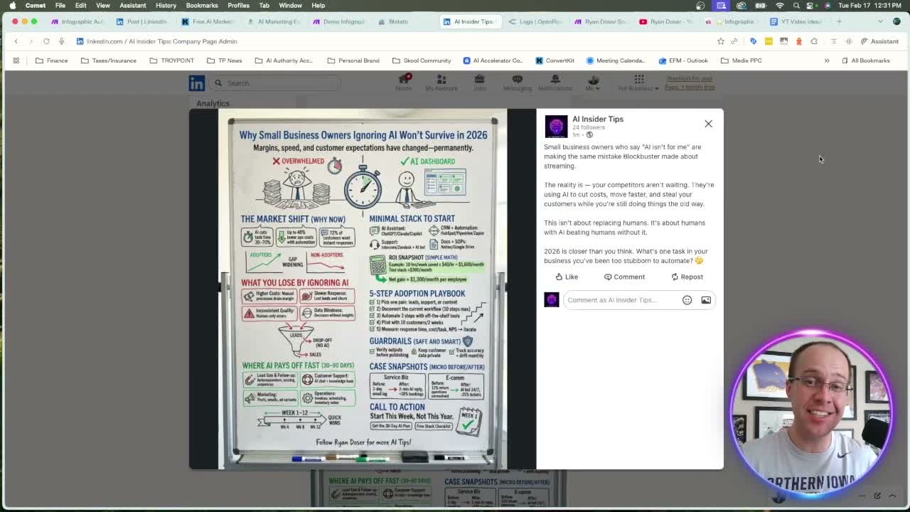Automate infographics result showing live LinkedIn post with whiteboard infographic and AI-generated caption
