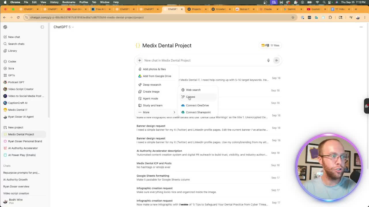 ChatGPT Projects advanced features dropdown showing deep research and agent mode options