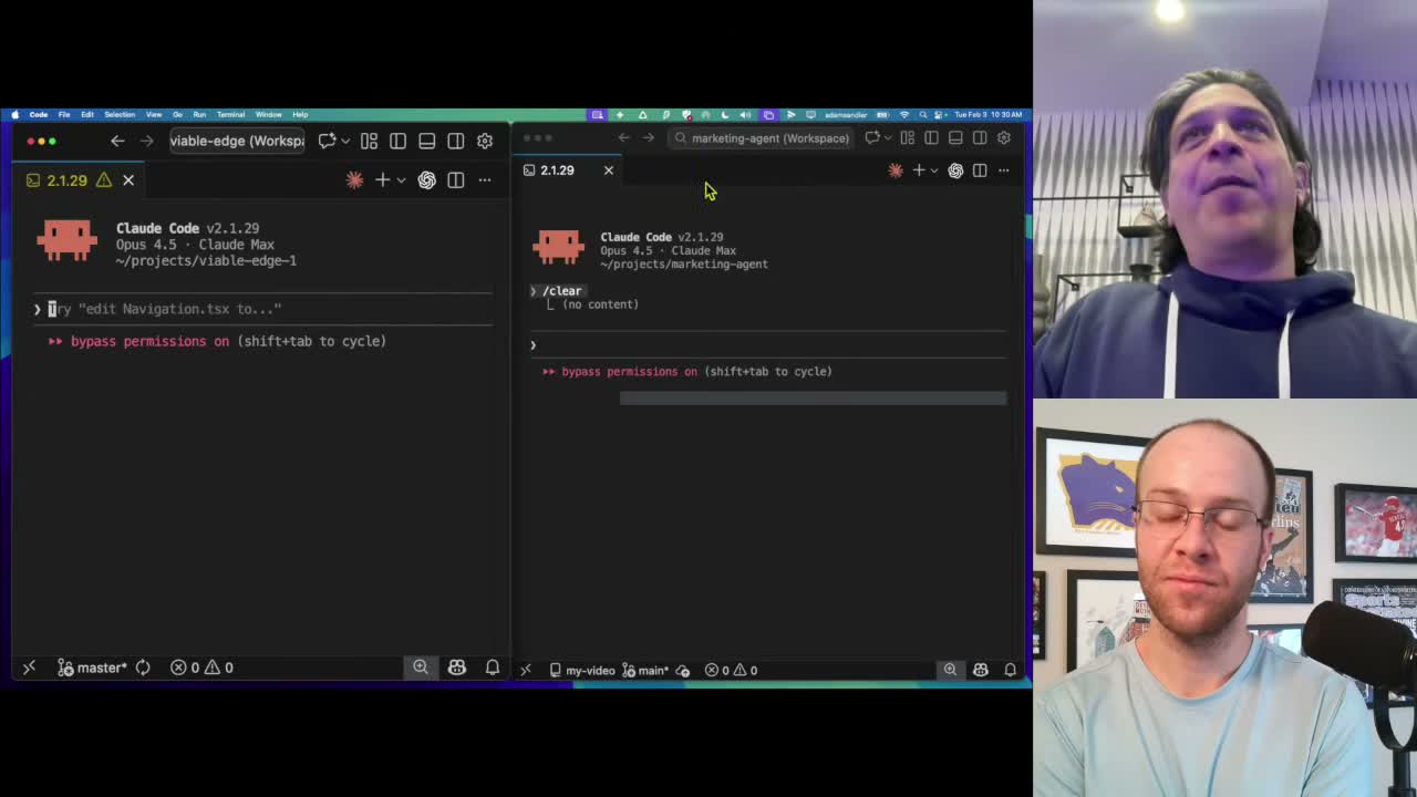 Claude Code AI marketing agents setup showing two Claude Code sessions running in VS Code side by side