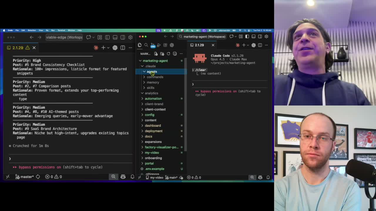Claude Code AI marketing agents folder structure showing agents, commands, skills, and memory directories in VS Code