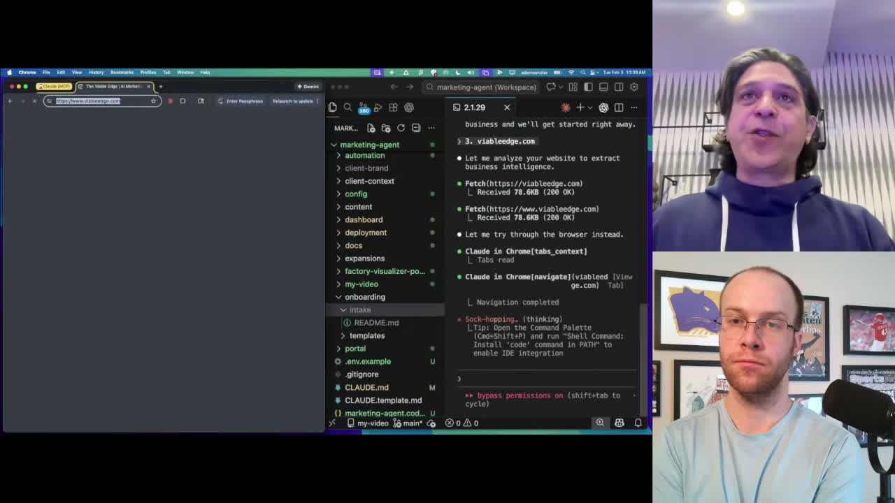 Claude Code AI marketing agents browser control fetching viableedge.com during onboarding agent session