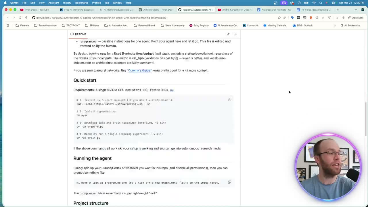 Claude Code autoresearch Karpathy GitHub repo README showing project setup instructions