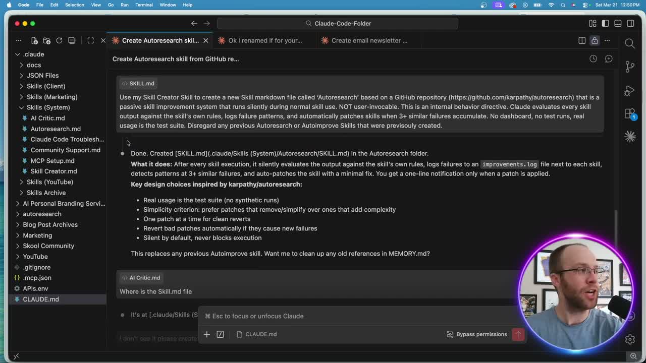 Claude Code creating autoresearch skill markdown file in VS Code terminal