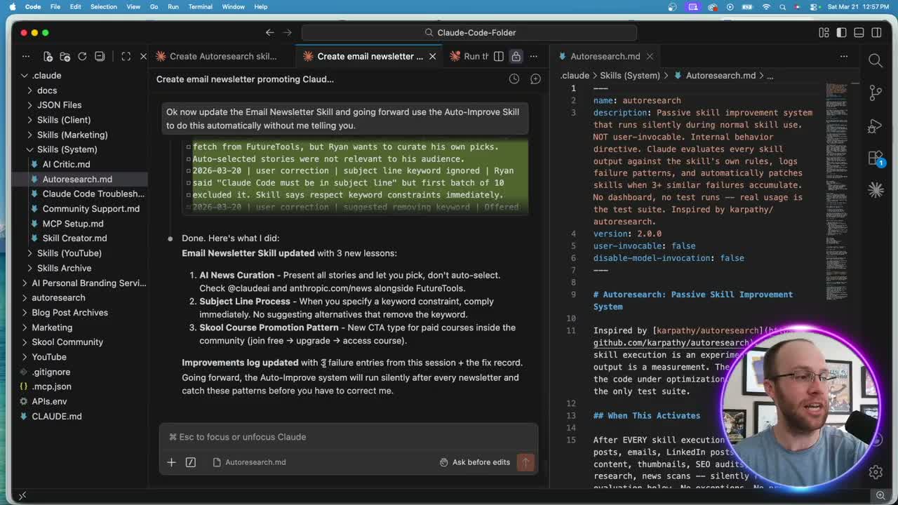 Claude Code autoresearch auto-updating email newsletter skill with logged improvements