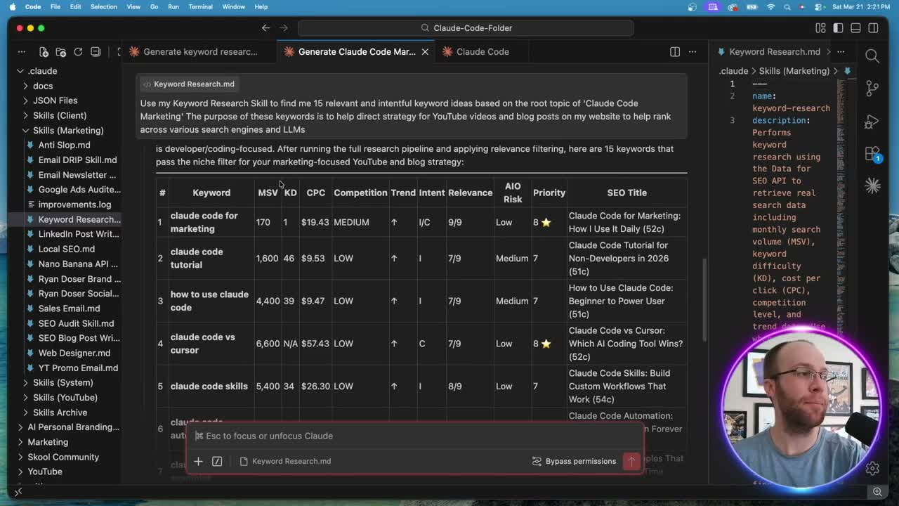 Claude Code keyword research results table showing monthly search volume and keyword difficulty from Data for SEO