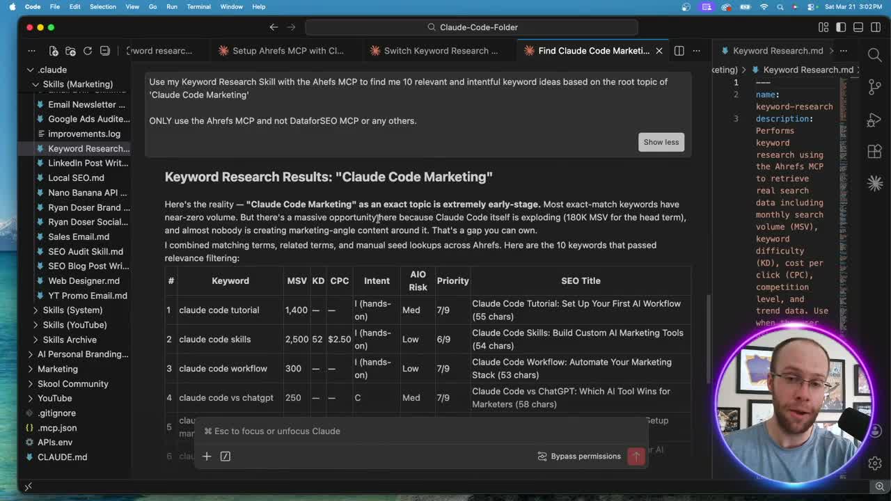 Claude Code keyword research results pulled from Ahrefs MCP showing keyword metrics for Claude Code Marketing