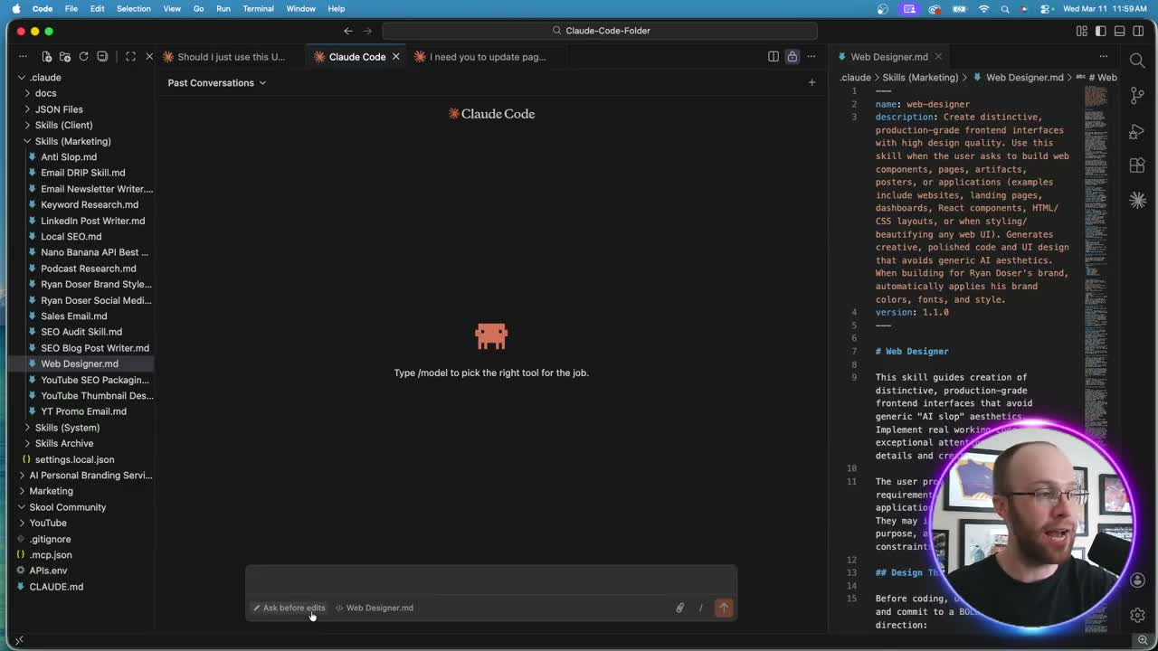Claude Code landing pages web designer skill file open in VS Code editor