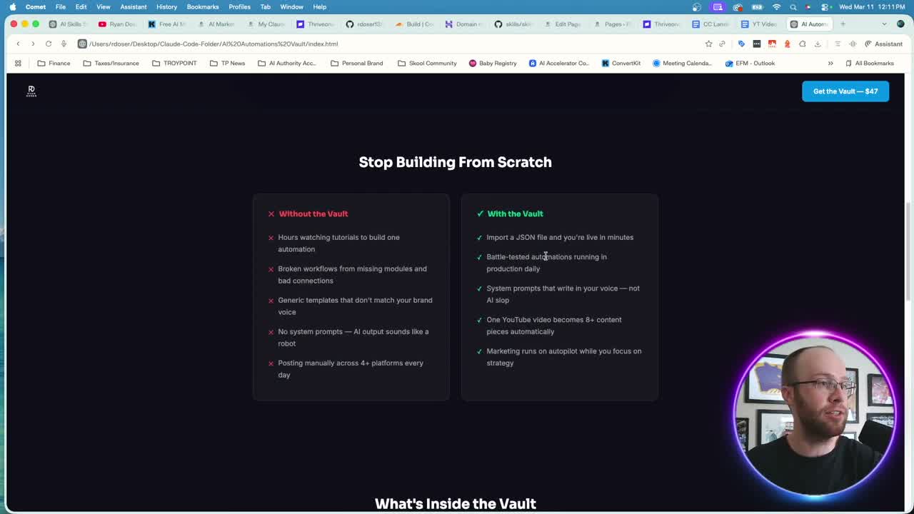 Claude Code landing pages generated AI Automations Vault comparison section in browser