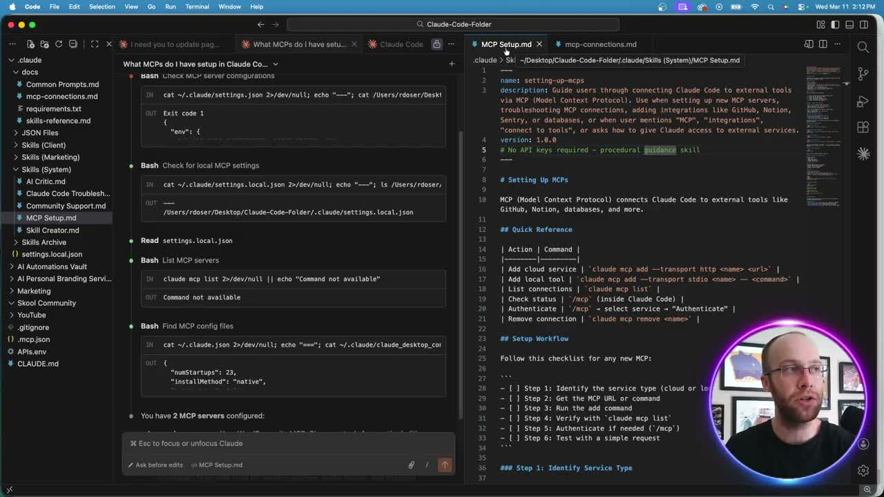 Claude Code MCPs setup skill markdown file open in VS Code editor