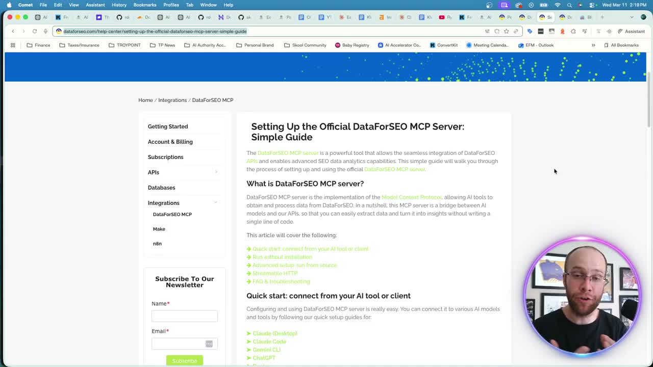 Claude Code MCP server setup guide for DataForSEO shown in browser
