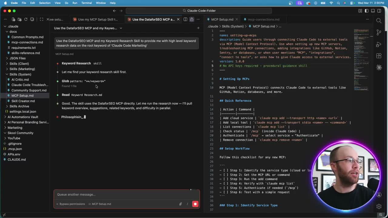 Claude Code MCP integration test running keyword research with DataForSEO