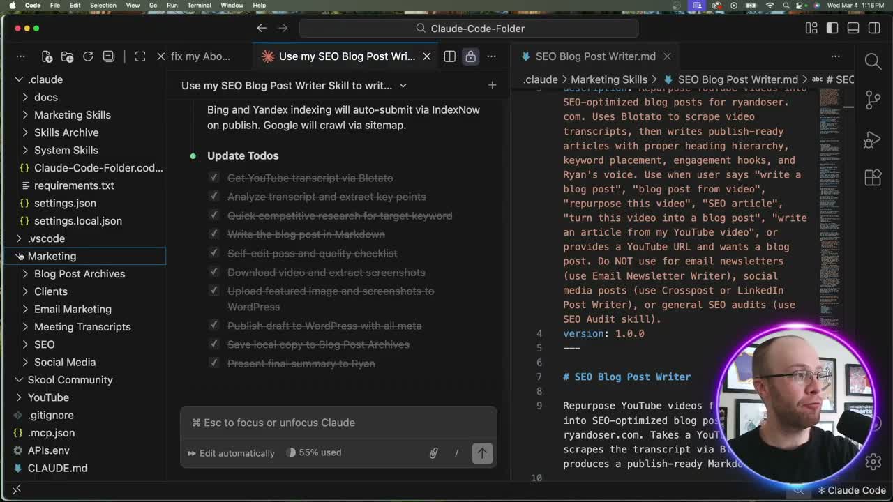 Claude Code SEO skill running inside VS Code with task progress list