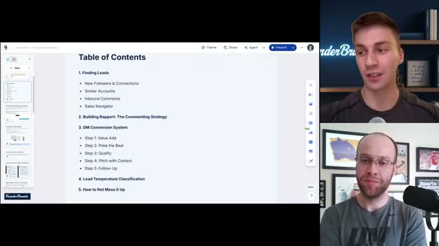 Table of contents showing the Founder Brands lead finding and DM conversion system