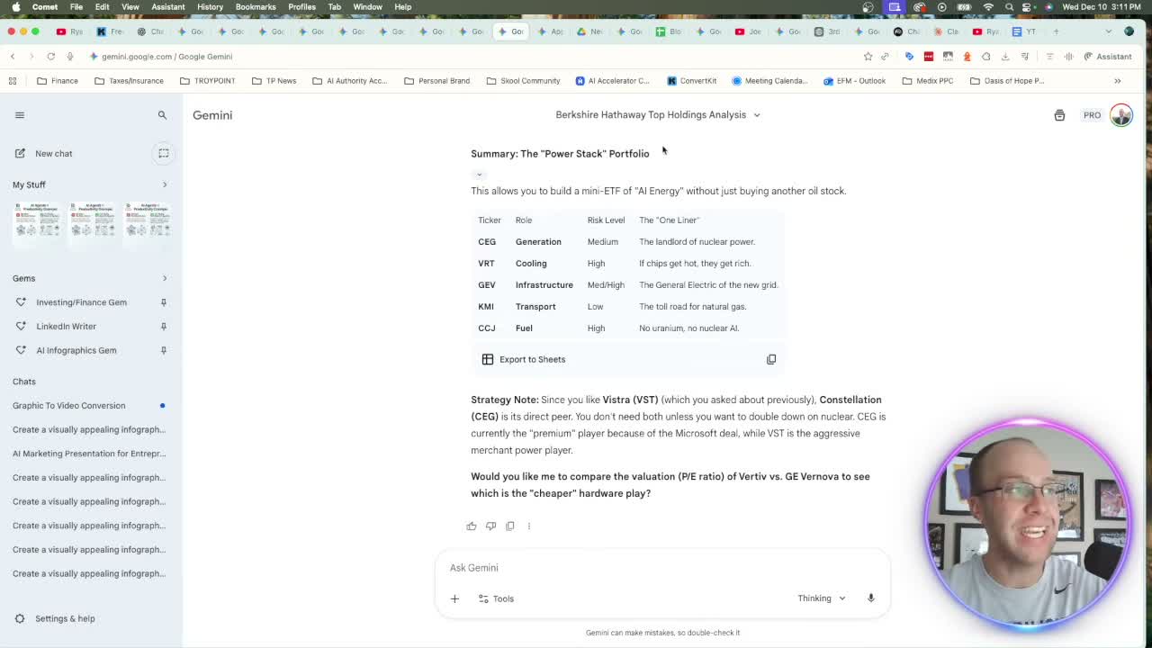 Google Gemini vs ChatGPT research output showing Berkshire Hathaway Power Stack Portfolio analysis