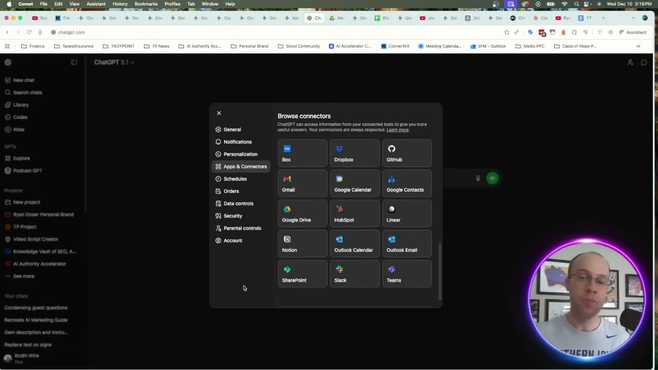 Google Gemini vs ChatGPT comparison showing ChatGPT Apps and Connectors panel