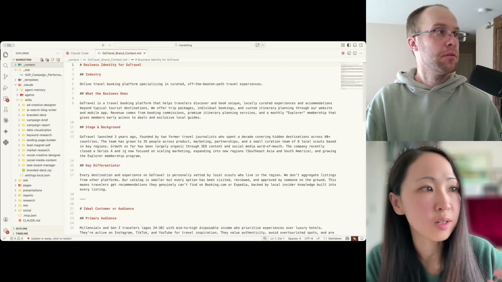 Grace Leung demonstrating a skill markdown file with brand context and business background in Claude Code