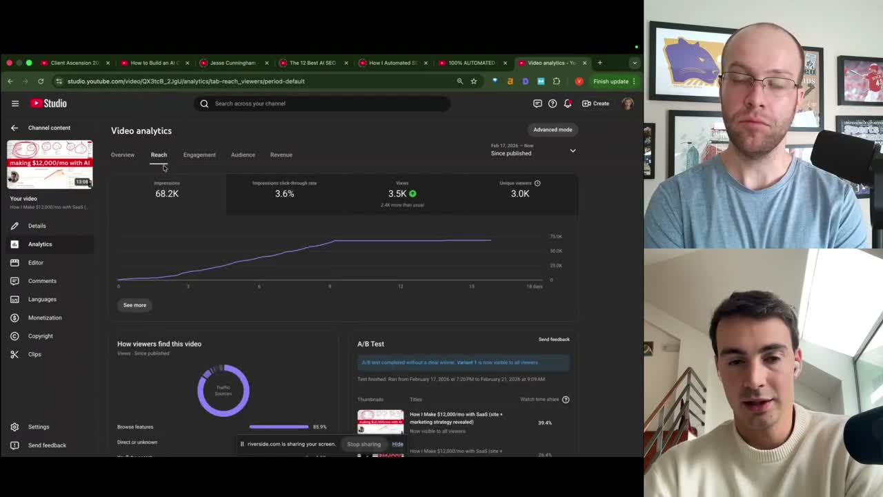 How to grow SaaS with YouTube Vasco screen sharing YouTube Studio analytics for Arvo channel