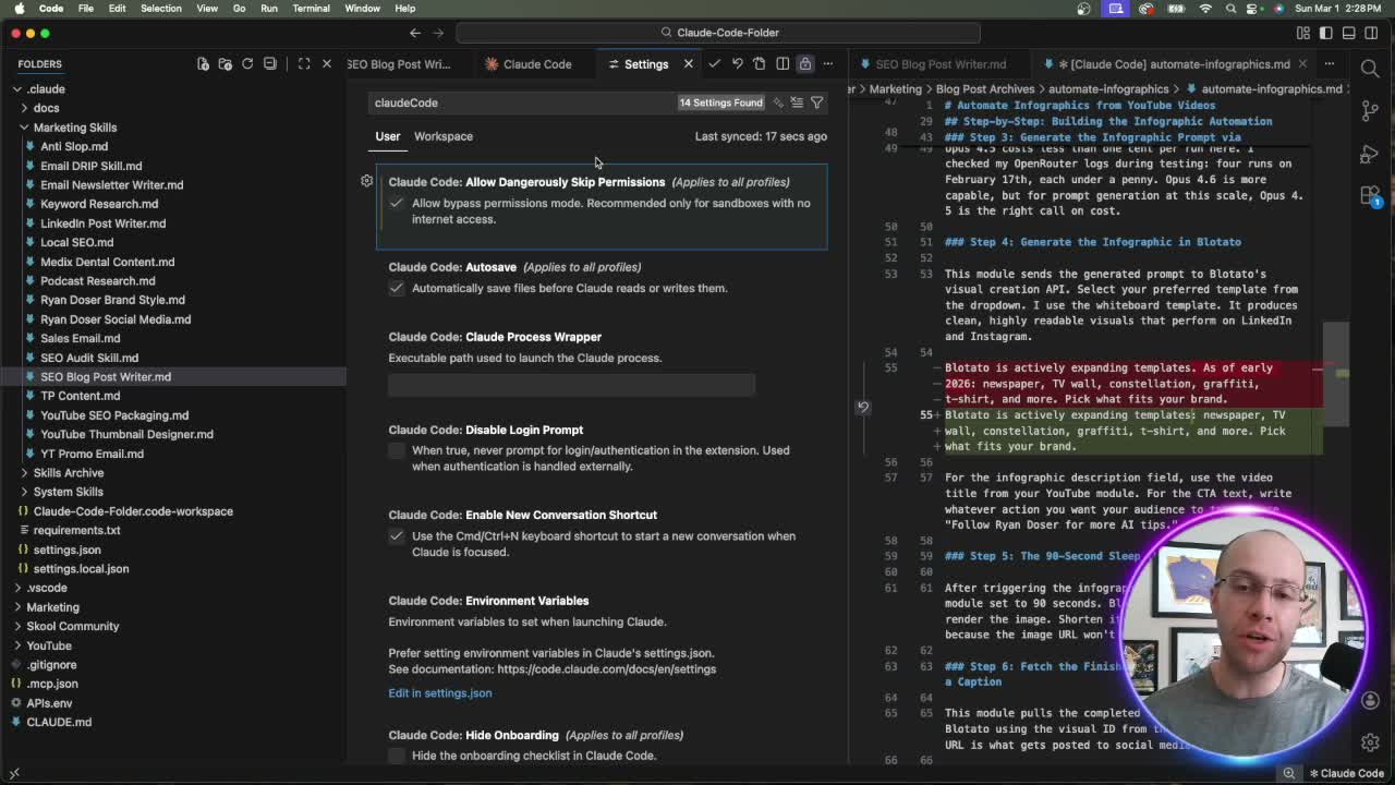 Claude Code allow dangerously skip permissions setting checked on in VS Code