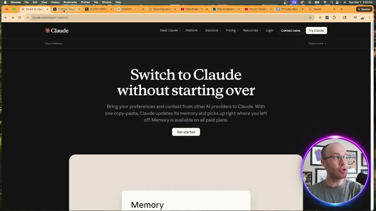 Switch from ChatGPT to Claude import memory page at claude.com/import-memory showing Get Started button