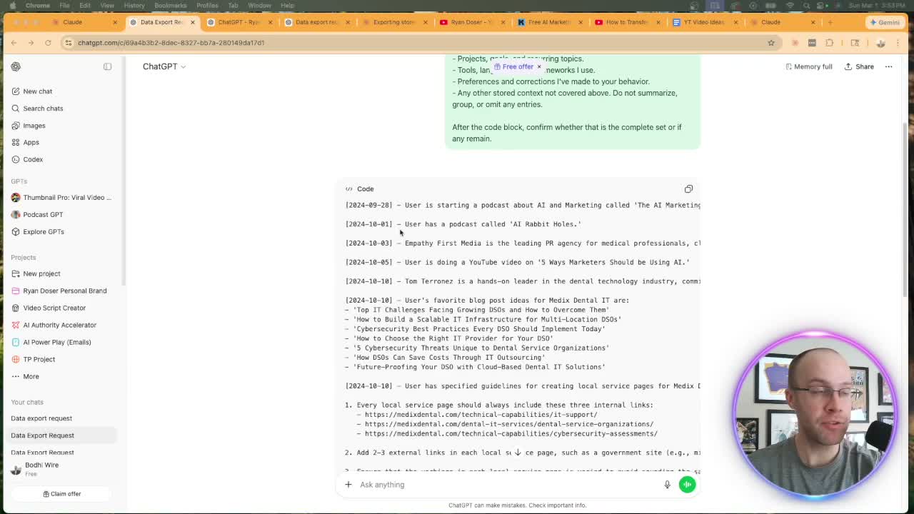 Switch from ChatGPT to Claude showing ChatGPT memory export response in a Code block with timestamped entries