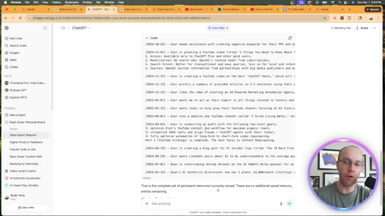 Switch from ChatGPT to Claude showing full ChatGPT memory export list with timestamped context entries