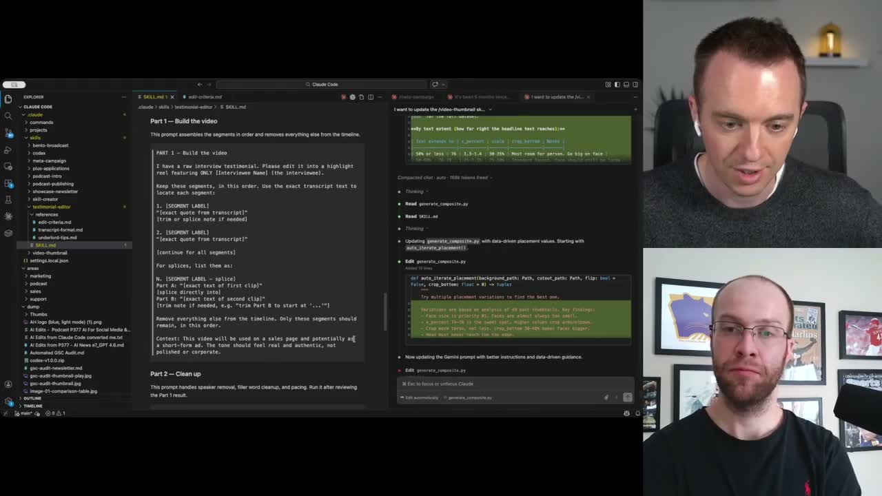 Claude Code Skills for marketing showing testimonial video editor workflow in VS Code