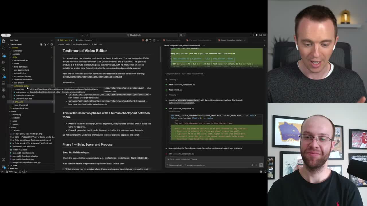 Claude Code marketing automation with skills file and Python script editing in VS Code