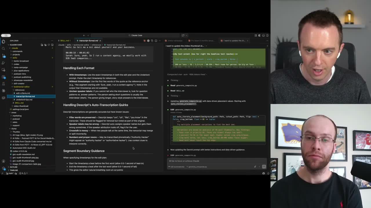 Claude Code for non-technical marketers showing transcript format handling in VS Code