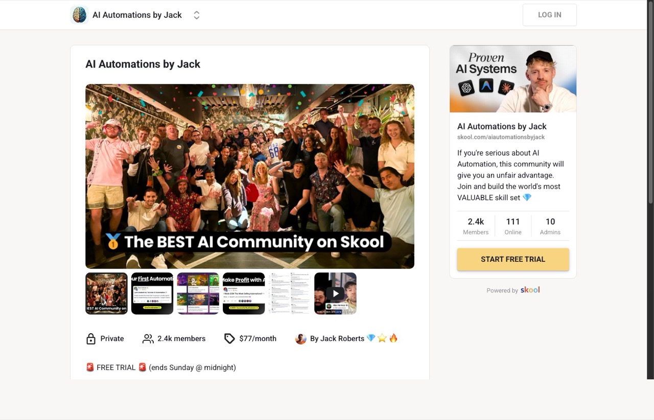 AI Automations by Jack Skool community page with automation templates and courses