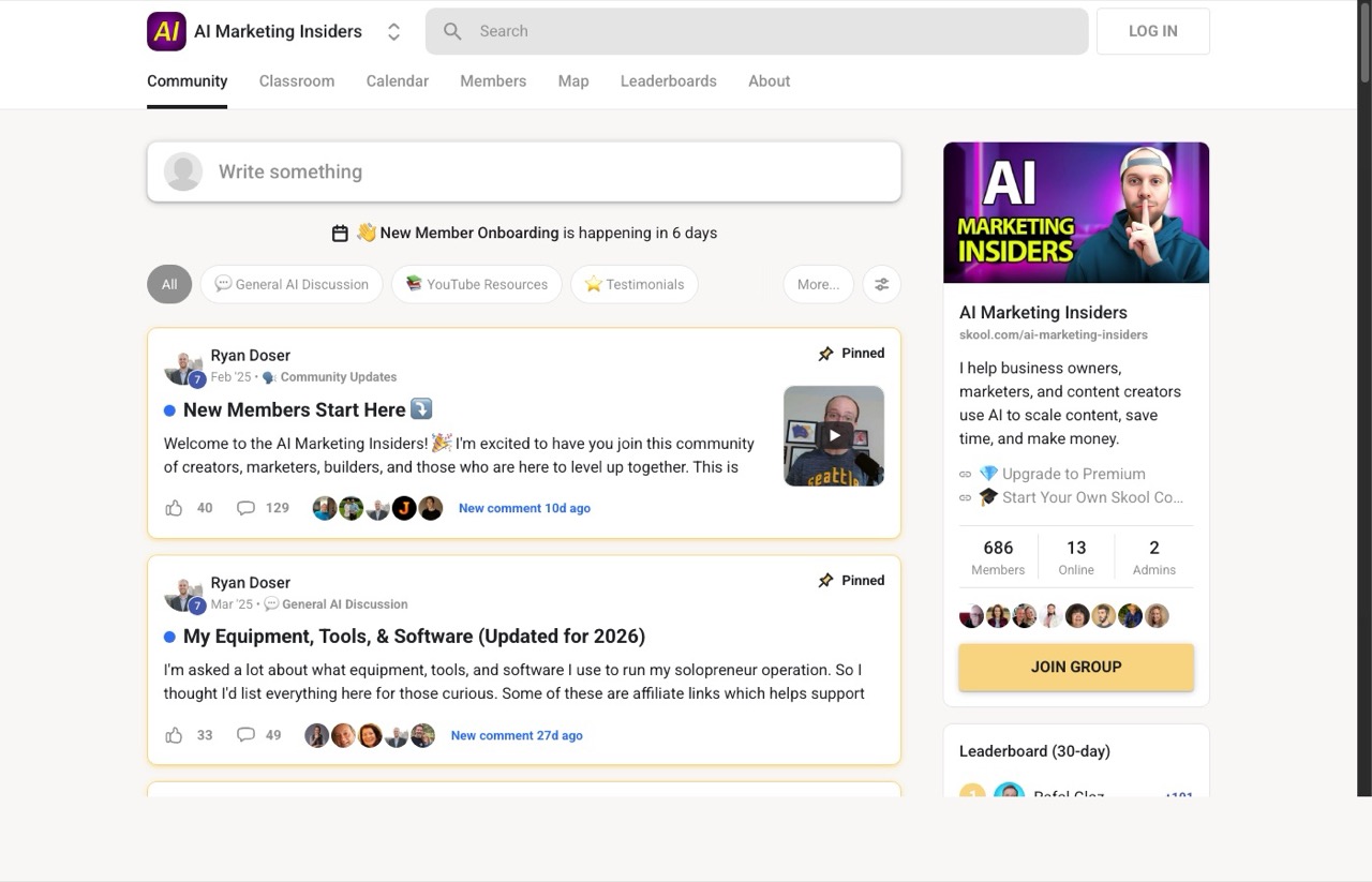 AI Marketing Insiders Skool community page showing discussions and member activity