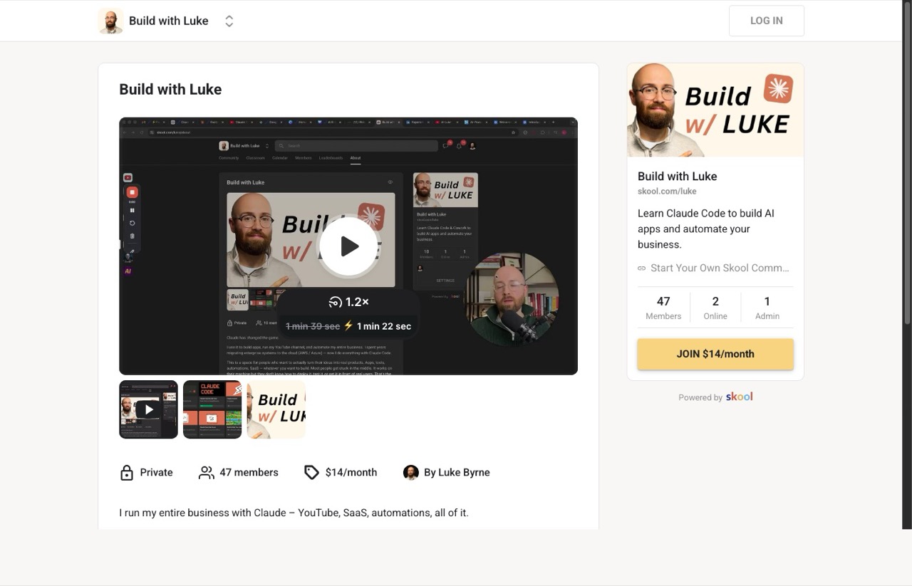 Build with Luke Skool community page focused on Claude Code and AI building