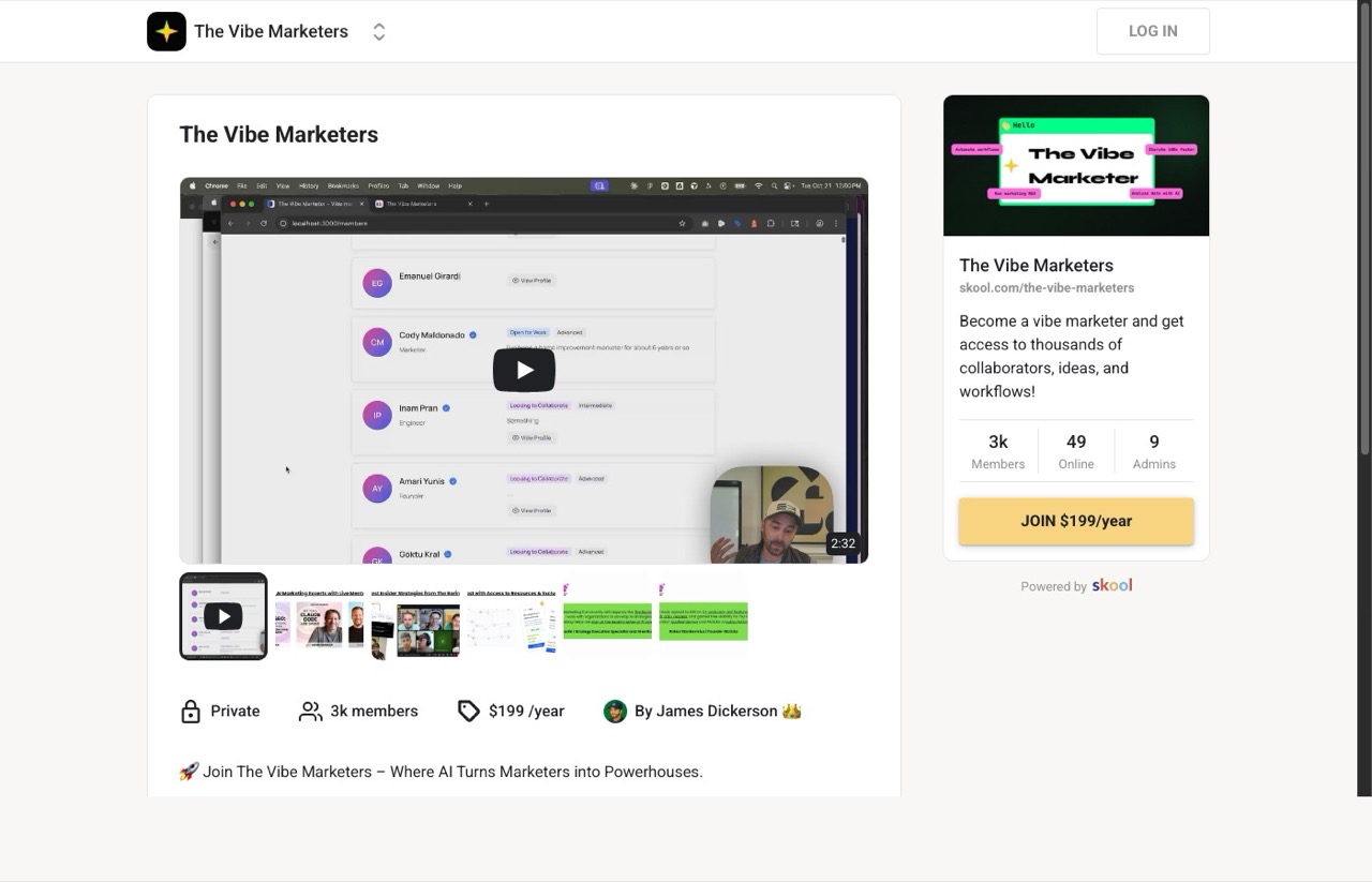 The Vibe Marketers Skool community page with AI marketing workflows and tactics