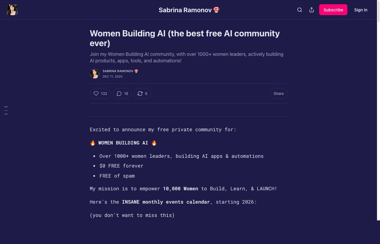 Women Build AI free community page by Sabrina Ramonov for women founders
