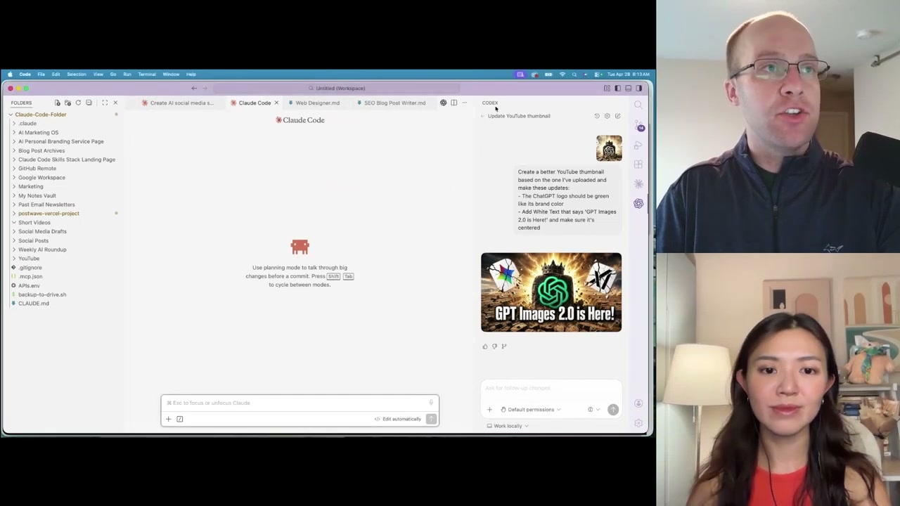 AI marketing advice workflow showing Claude Code skill markdown files in VS Code during the podcast