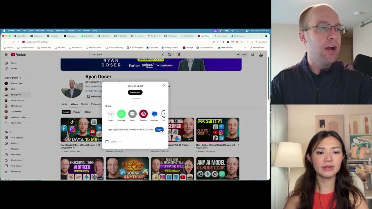 AI marketing advice example showing Ryan Doser YouTube channel during the podcast interview